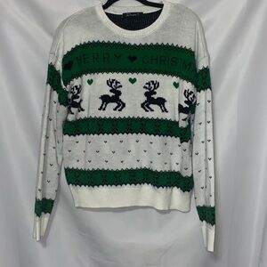 Simple Size Large Merry Christmas Sweater Black  Reindeer and White Knit Sweater